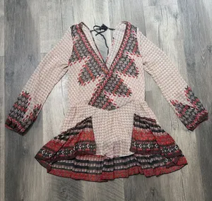 Free People Boho V-Neck Peplum Tunic with Red & Black Geometric Print thumbnail 1
