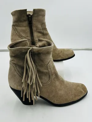 SAM EDELMAN Louie Suede Fringe Ankle Boots Booties Size Women’s 8.5 M Putty Grey thumbnail 1
