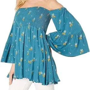Free People Top Size S Blue Smocked Off-The-Shoulder Floral Bell Sleeve Boho‎ thumbnail 5