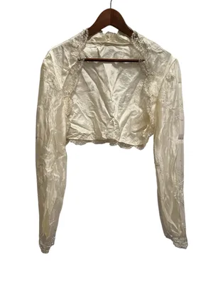 VTG Cream Embroidered Sequin Bolero Jacket Scalloped Edwardian Cottage Bridal thumbnail 2