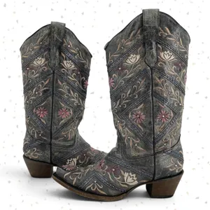 Corral Western Cowboy Boots Gray Floral Gems Embroidered Country Concert Size 9 thumbnail 2