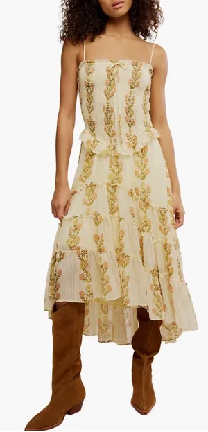 NEW Free People Alejandra Smocked Bodice Tiered Sundress cloud combo sz L thumbnail 1