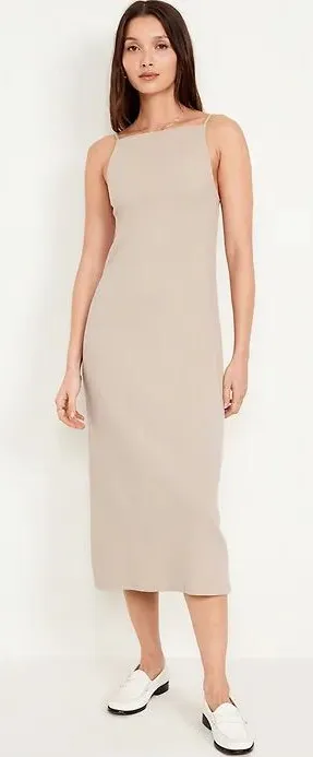 NEW!! Old Navy Square‎ Neck Rib Knit Tan Midi Dress thumbnail 1