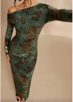 SheIn Silquee Green Flocked Floral Off-Shoulder Ruched Long Sleeve Elegant Maxi Dress thumbnail 2