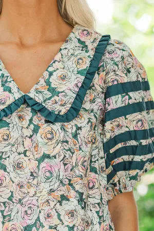 Entro Floral Detail Puff Sleeve V-Neck Peter Pan Collar Blouse Hunter Green Multi thumbnail 4
