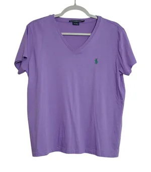 Ralph Lauren Sport Women's Large Purple V-Neck Cotton T-Shirt Green Pony Logo thumbnail 1
