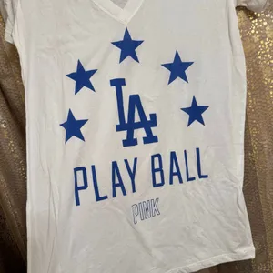 PINK Victorias Secret Los Angeles Dodgers Play Ball V Neck Top Large NWT thumbnail 3