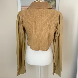POL Ribbed Cropped Long Sleeve Button Down Top Small thumbnail 4