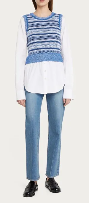 Veronica Beard Esphera Top‎ Small Blue White Striped Mixed Media Layered Knit thumbnail 1