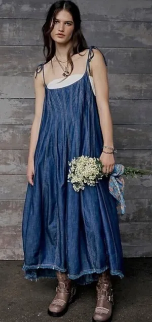 Free People Denim Dreams Midi Maxi Dress in 70s Blue Large Jean Jumper Retro thumbnail 1