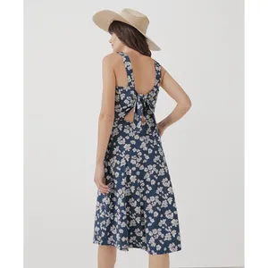 Pact Organic Cotton Floral Tie Back Fit and Flare Dress Navy Blue Large thumbnail 2