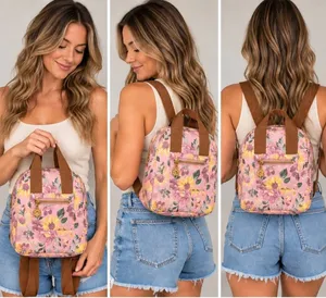 Pink Floral Sunflower Mini Backpack with Brown Straps thumbnail 2