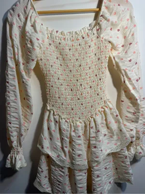 Heart Print Smocked Mini Dress XS Cottagecore Coquette Puff Sleeve Lace Trim thumbnail 5