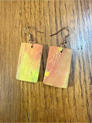 Handcrafted Green and Pink Rectangular Drop Earrings Yellow thumbnail 3