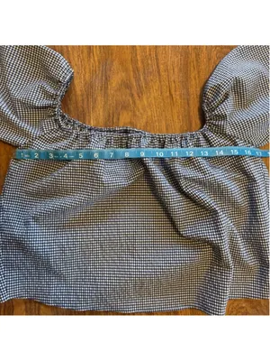 Women Zara Crop Top Gingham Blouse XS Blue Black White Bow Sleeve Off Shoulder thumbnail 7