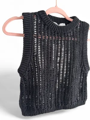 Zara Black Open-Knit Top Crochet Vest Cropped Layering Casual Women’s Size Small thumbnail 2