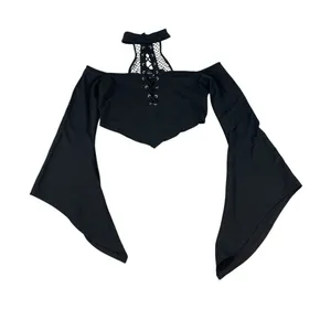Killstar Black Gothic Crop Top Bell Sleeve Lace Up Choker Neck Witchy Emo M thumbnail 1