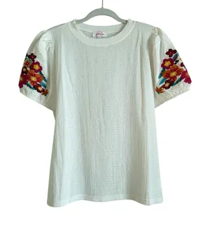 Jess Lea Top Women's Large‎ White Sand Embroidered Puff Sleeve Peasant Blouse thumbnail 1