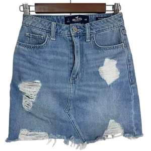 Hollister Ultra‎ High-Rise Distressed Denim Skirt Frayed Hem Light Wash Sz 1 thumbnail 1