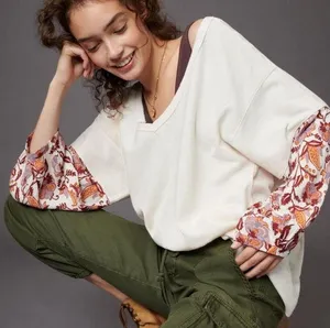 Anthropologie Annette Top Ivory Paisley Long Sleeve Waffle Knit Oversized Sz Med thumbnail 1