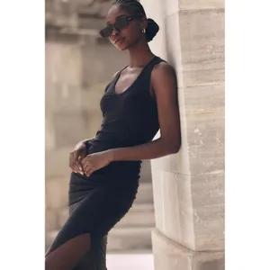 Anthropologie Beyond‎ Yoga Women Fit the Mood Midi Dress XS Black Ruched Tank thumbnail 3