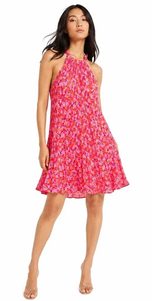 Petal + Pup Halter Dress Pink Floral Pleated Boho Resort Vacation Party Womens L thumbnail 1