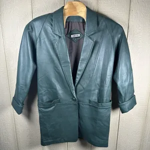 Vintage Tibor Womens Medium Green Leather Coat Jacket Mid-Length Shoulder Pads thumbnail 1