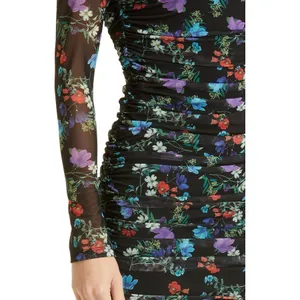 Alice + Olivia Delora Floral Black Mesh Ruched Turtleneck Dress Size 4 Romantic‎ thumbnail 4