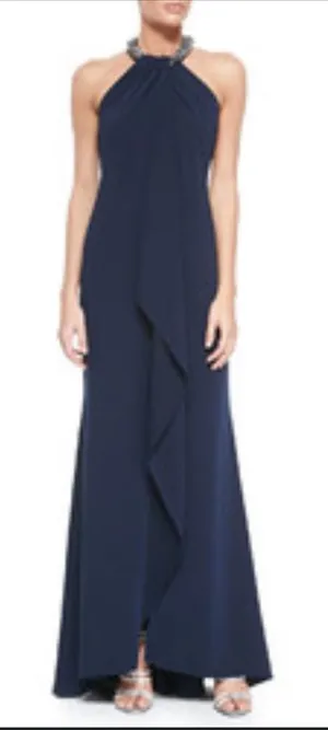 Carmen Marc Valvo Women’s Beaded Toga Navy Maxi Dress‎ Size 4 thumbnail 1