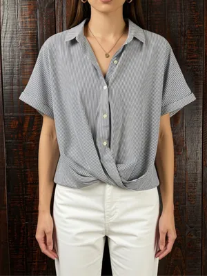 BCBGeneration Pinstripe Twist-Front Hi-Low Buttobg front Shirt NWT XS thumbnail 3