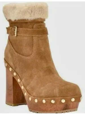 Guess Women's Damina Platform Wood Clog Booties boots suede tan sz 9 thumbnail 1