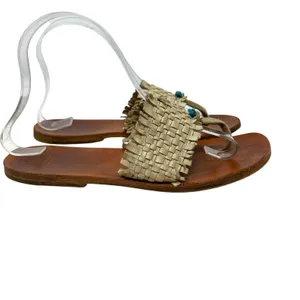 Henry Cuir‎ Slide Sandals Leather Woven Rattan Beaded Tan Brown Size 38 US 8 thumbnail 5
