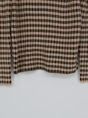 Maeve Anthropologie Sweater Large Fitted Stretch Plaid Cowl Neck Brown Black thumbnail 6