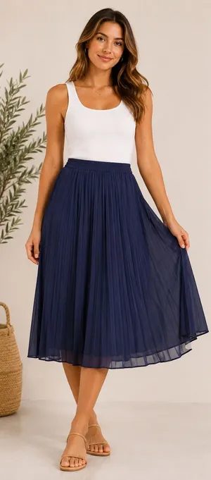 Octavia Navy Blue Pleated Midi Skirt Elastic Waist Lined Size M OX-6664 thumbnail 1