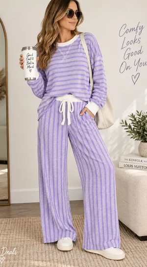 Zenana Raised Rib Striped Pullover & Wide Leg Pants Set Womens Lavender Sz Small thumbnail 1