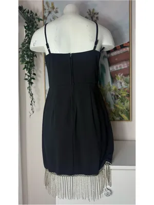 Trixxi Black Silver Rhinestone Chain Fringe Mini LBD Dress Size Large thumbnail 6