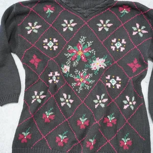 Boundary Waters Vintage Chunky Knit Floral Intarsia Mock Neck Sweater XL Black thumbnail 2