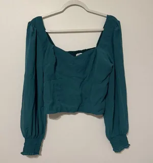 NEW Abercrombie & Fitch Long Sleeve Poplin Square Neck Top Large Emerald Green thumbnail 2