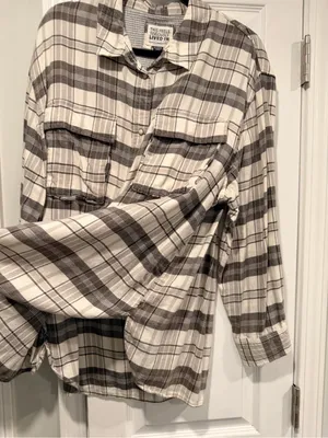 American Eagle Size XL Seriously Lived-In Gray Plaid Flannel Shirt Pearl Snap thumbnail 8