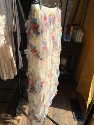 Floral Ruffle Maxi Skirt - Cream with Multicolor Floral Print thumbnail 2