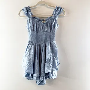 Urban Outfitters Rosie Smocked Cap Sleeve Mini Romper Blue XS thumbnail 2