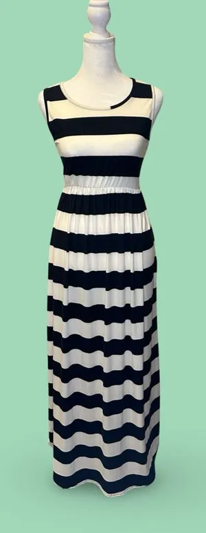 Women’s BOMBOM Black & Cream Wide Striped Maxi Dress Sz: Med thumbnail 1