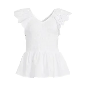 Time and Tru Womens Top Size XXL Vivid White Smocked Bodice V Neck Eyelet Stretc thumbnail 2
