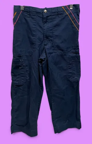 Cute navy Carhartt broken in work cargo pants pink orange trim chore thumbnail 1