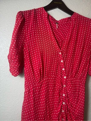 Free People Pippa Red Polka Dot Ruched Button Front Mini Dress Size M‎ thumbnail 4