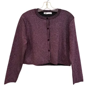 Zara Metallic Knit Cardigan Women's Medium Purple‎ Party Cropped Holiday Glam thumbnail 2