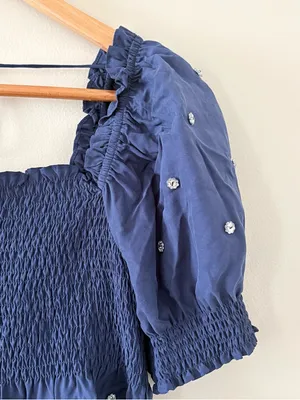 Hill House Home Jewel Jammy Top Navy Blue Smocked Peplum Puff Sleeve Size M thumbnail 4