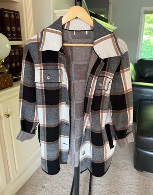Women's Plaid Flannel Shacket Gray Size M thumbnail 1