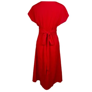 NEW Halara Red Ruched V-Neck Tie Waist Casual Wrap Midi Dress Womens Size S NWOT thumbnail 4