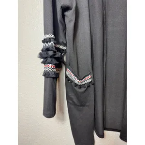 Hipster Row Embellished Duster Cardigan Black Open Front Fringe Sleeves SizeXL thumbnail 3